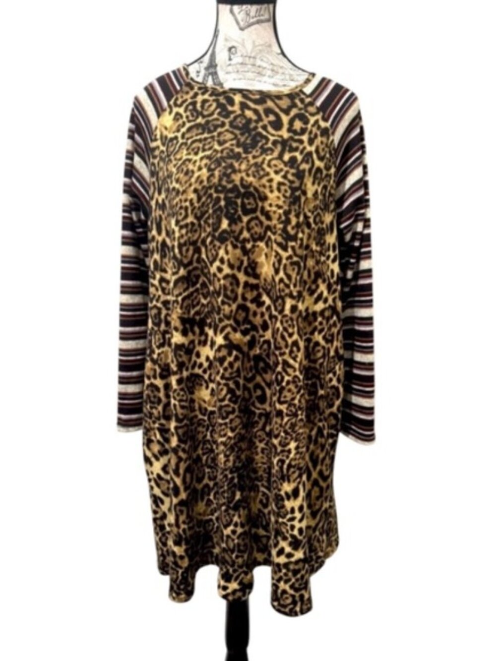 Southern Stitch Leopard Animal Print Striped Sleeve Pocket Tunic Boho - Picture 3 of 8